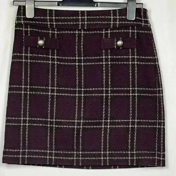 Loft Womens Mini Skirt Burgundy Gray 2P Faux Buttons Side Zip Lined Wool Pencil - Picture 1 of 10